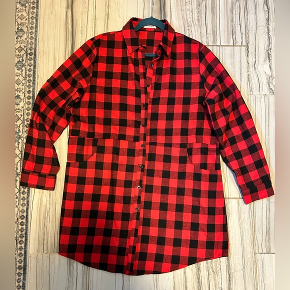 Hotouch Tops - Red and Black Plaid Button-Up Boyfriend Flannel Tunic Length